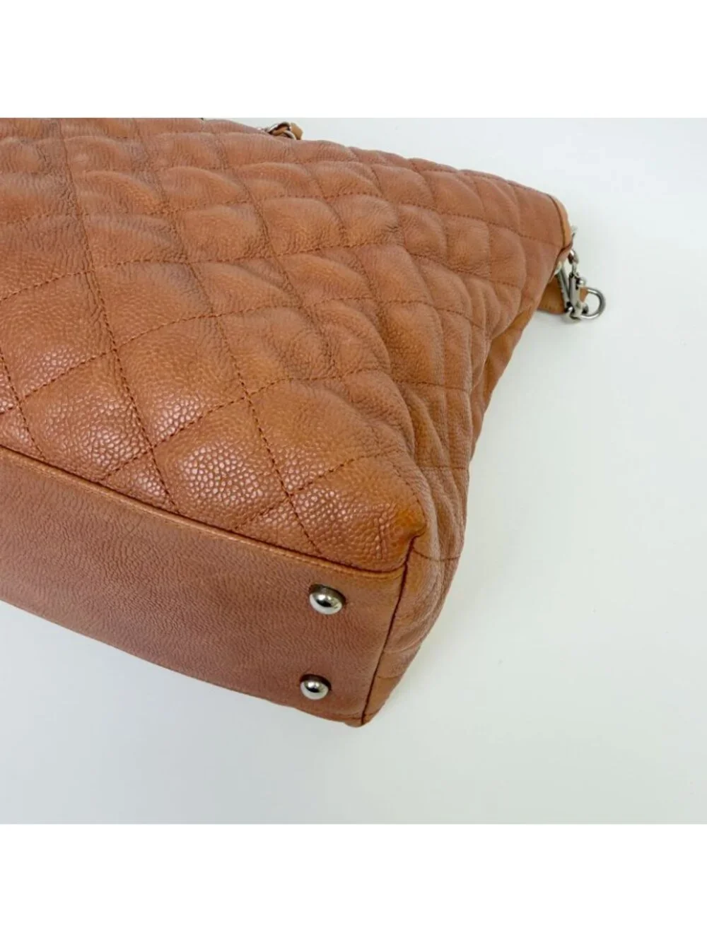 Chanel CC Logo Quilted 2-Way Chain Shoulder Bag Caviar Leather Camel Brown Seal